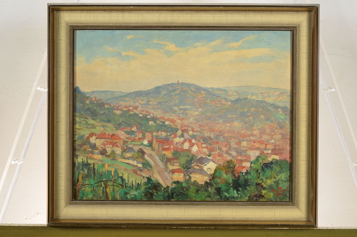 Detail k: Eugen Kucher, 1876-1946, Stuttgarter Maler, Blick auf Stuttgart, Öl/Malkarton, rechts unten signiert und dat. 33, ca. 32x41cm, R. ca. 41x49cm