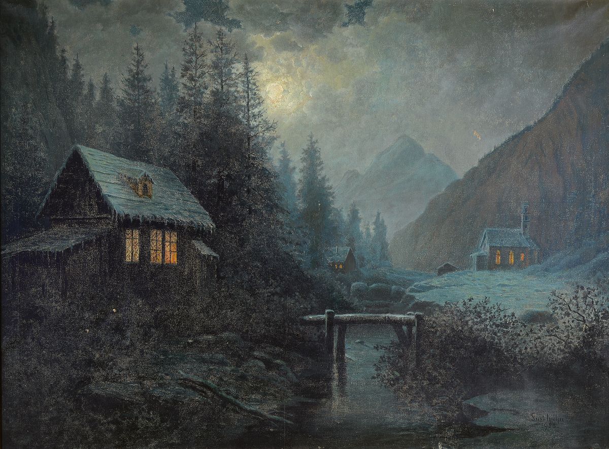 Gustav Kühn, 1872 Guben-1949, Studium an der Akademie Berlin, war tätig in Rostock, hier: Vollmond über verschneiter Gebirgslandschaft, Öl/Lwd, ...