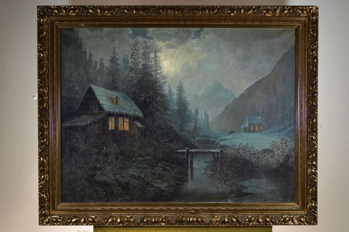 Detail k: Gustav Kühn, 1872 Guben-1949, Studium an der Akademie Berlin, war tätig in Rostock, hier: Vollmond über verschneiter Gebirgslandschaft, Öl/Lwd, ...