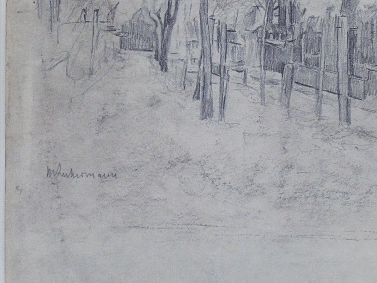 Detail a: Max Liebermann, 1847-1935, war ein Deutscher Maler und Grafiker, Bleistiftzeichnung, Holländische Dorfstraße in Katwijk, handsign., unter Glas ...