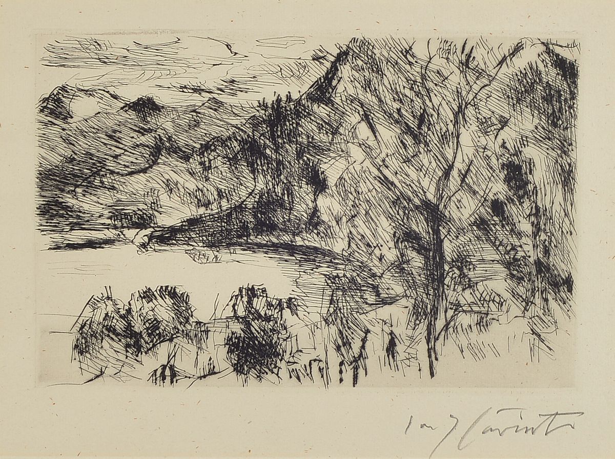 Lovis Corinth, 1858-1925, Radierung, Walchensee mit Jochberg, rechts unten handsign., unter Glas gerahmt, gesamt ca. 49x57 cm. WVZ: Müller Nr. 823