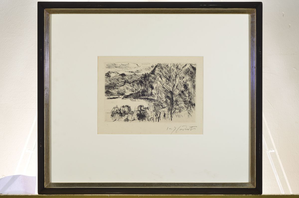 Detail k: Lovis Corinth, 1858-1925, Radierung, Walchensee mit Jochberg, rechts unten handsign., unter Glas gerahmt, gesamt ca. 49x57 cm. WVZ: Müller Nr. 823