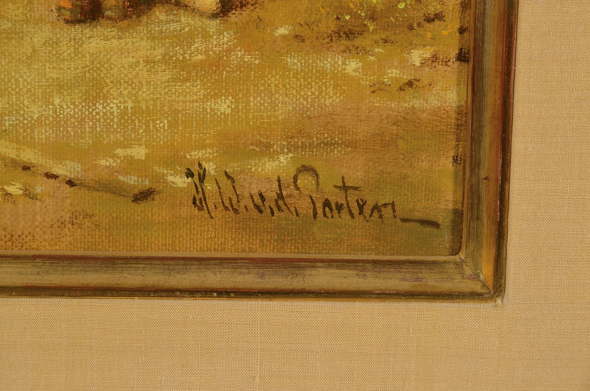 Detail a: Heinz Werner van der Porten, geb. 1930 Düsseldorf, zwei Kinder mit Zicklein vor einer Stute mit Fohlen im Stall, Öl/Lwd, rechts unten signiert, ca. ...