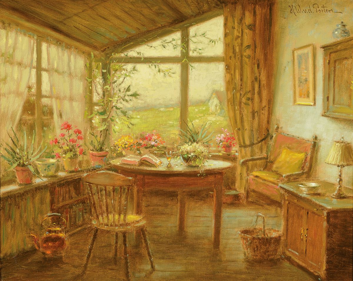 Heinz Werner van der Porten, geb. 1930 Düsseldorf, Interieur mit vielen Blumen auf den Fensterbänken, Öl/Lwd, rechts oben signiert, ca. 40x50cm, ...