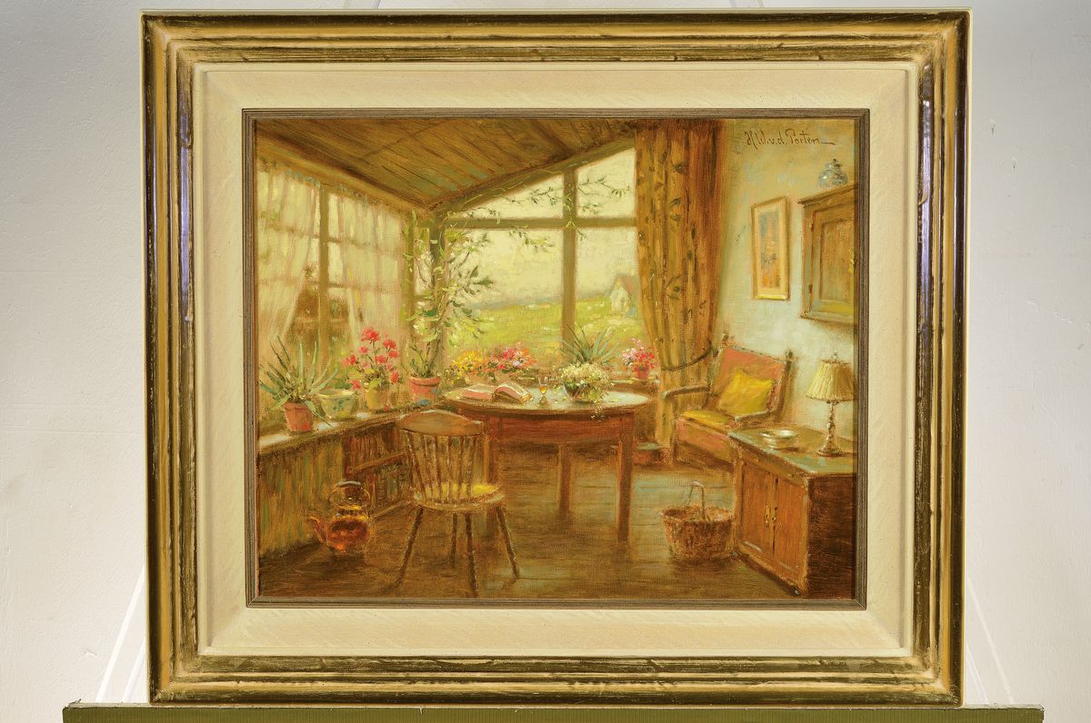 Detail k: Heinz Werner van der Porten, geb. 1930 Düsseldorf, Interieur mit vielen Blumen auf den Fensterbänken, Öl/Lwd, rechts oben signiert, ca. 40x50cm, ...