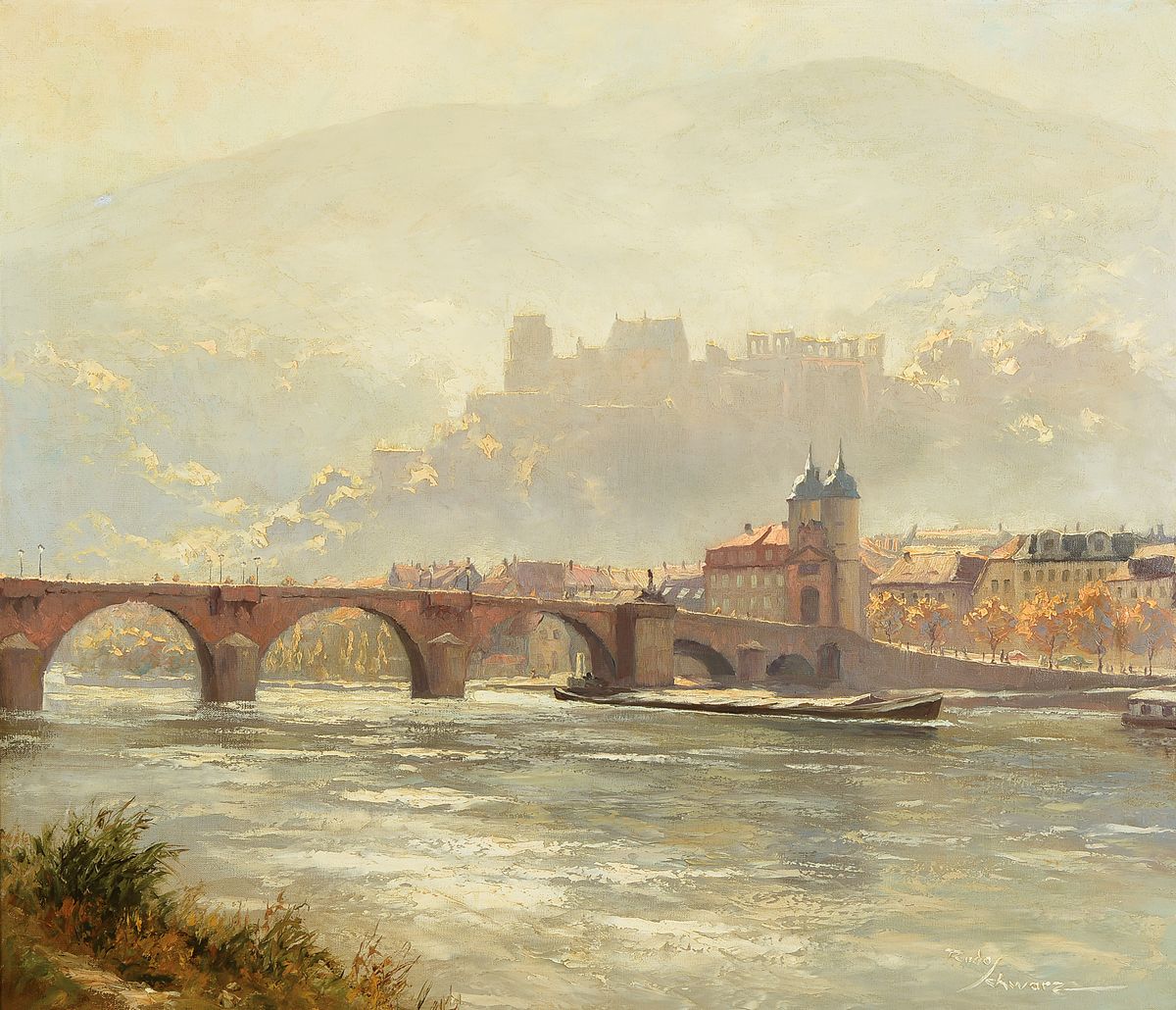 Rudo Schwarz, 1906 Deutsch Gabel/Böhmen-1983 Heppenheim, Blick auf Heidelberg und das Schloß, Öl/Lwd, rechts unten signiert, ca. 60x70cm, R. ca. ...