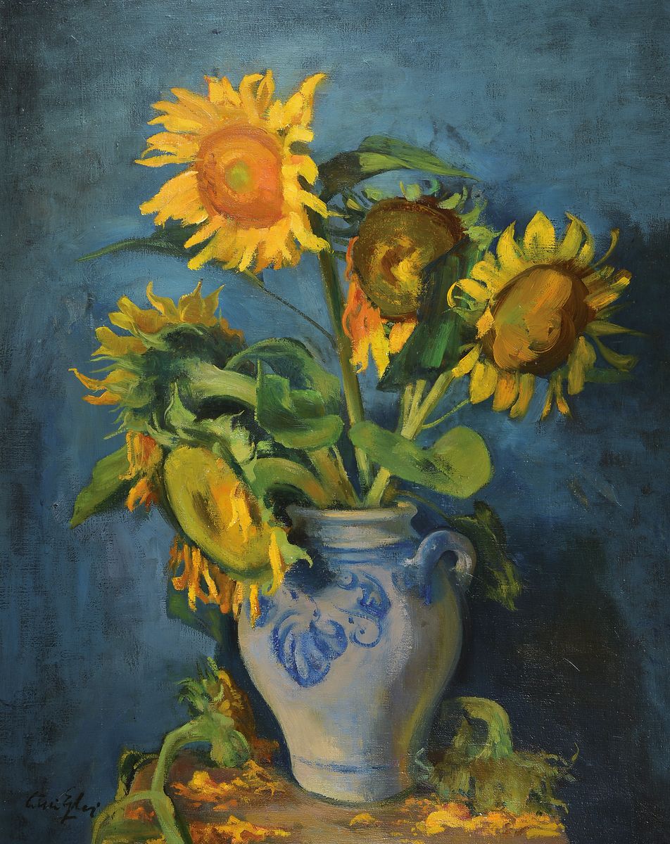 Willi Egler, 1887 Bad Rappenau-1953 Karlsruhe, Sonnenblumen im Westerwälder Steinzeugkrug, Öl/Lwd, links unten signiert, ca. 100x80cm, R. ca. ...