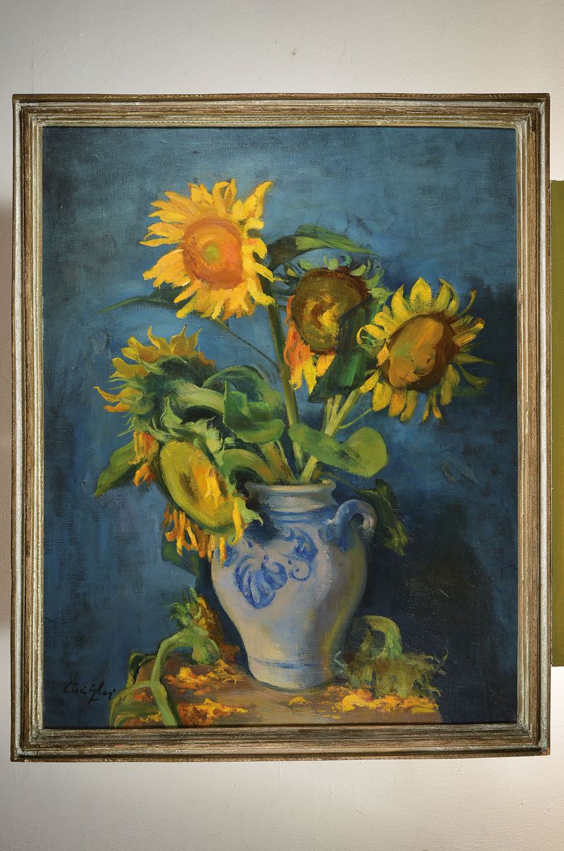Detail k: Willi Egler, 1887 Bad Rappenau-1953 Karlsruhe, Sonnenblumen im Westerwälder Steinzeugkrug, Öl/Lwd, links unten signiert, ca. 100x80cm, R. ca. ...