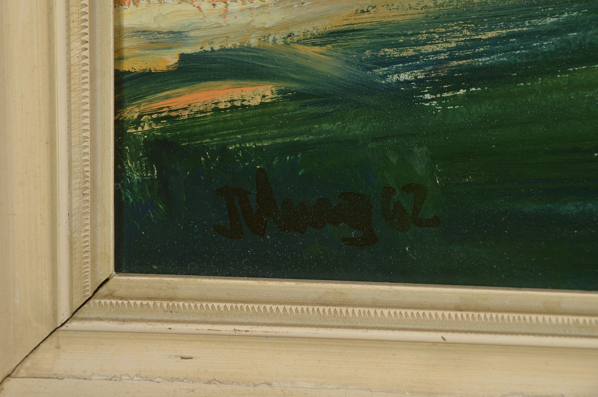 Detail a: Erich Schug, 1806 Ludwigshafen-1982 Bad Dürkheim, Landschaft mit Baumgruppen, Öl/Hartfaser, links unten signiert und dat. 62, ca. 75x99cm, R. ca. ...