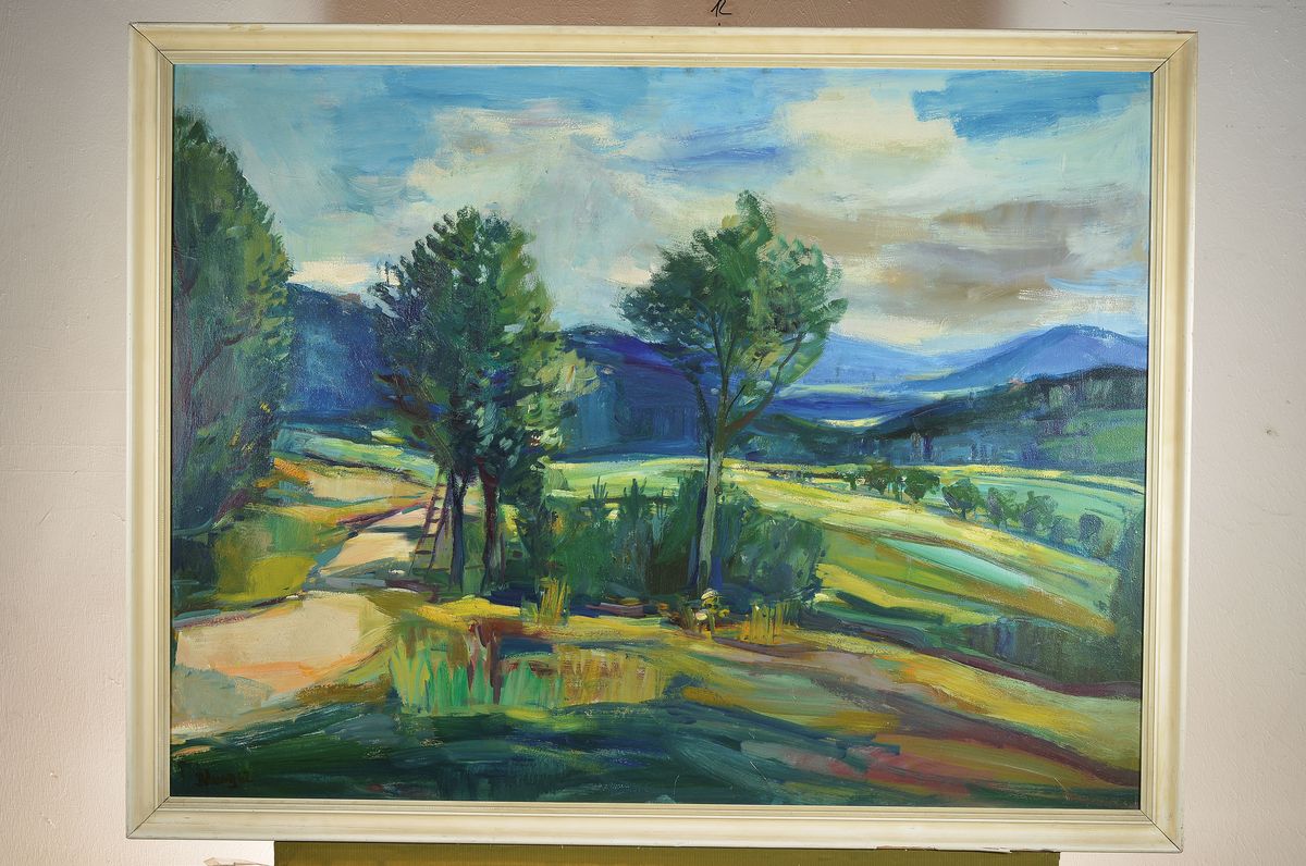 Detail k: Erich Schug, 1806 Ludwigshafen-1982 Bad Dürkheim, Landschaft mit Baumgruppen, Öl/Hartfaser, links unten signiert und dat. 62, ca. 75x99cm, R. ca. ...