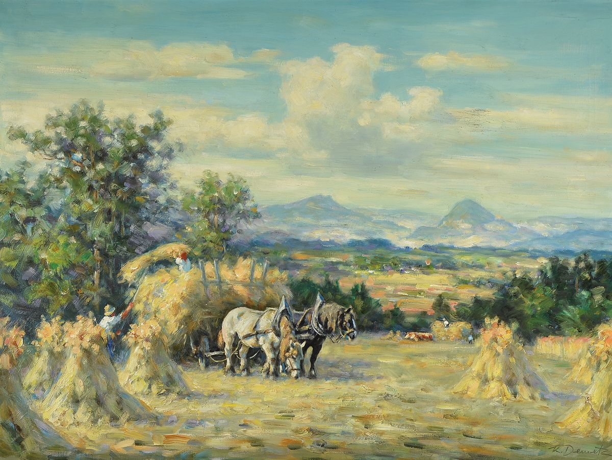 Karl Demetz, 1909 Trossingen-1986 Apfelstetten, Heuernte im Voralpenland, Öl/Lwd, signiert, ca. 60x80cm, R. ca. 76x 96cm