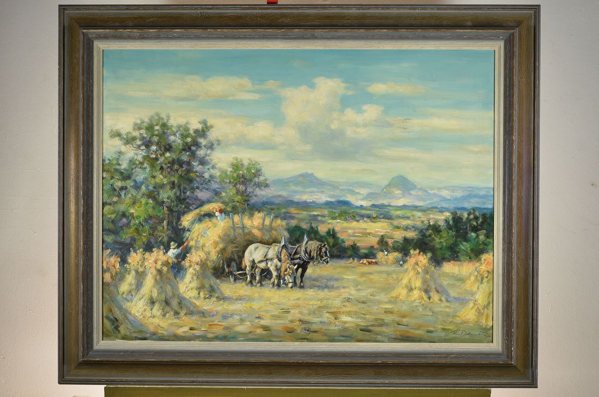 Detail k: Karl Demetz, 1909 Trossingen-1986 Apfelstetten, Heuernte im Voralpenland, Öl/Lwd, signiert, ca. 60x80cm, R. ca. 76x 96cm