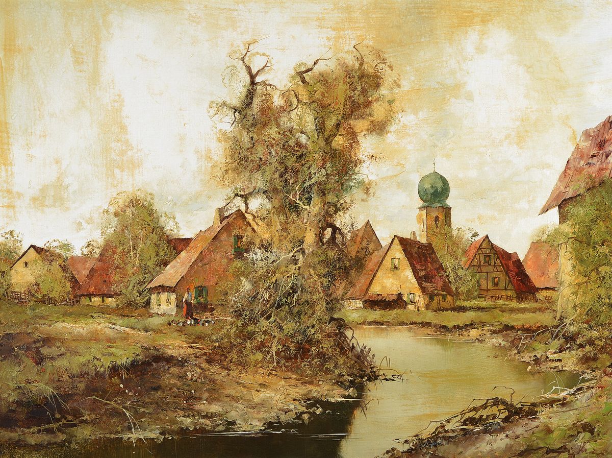 Ludwig Klein, geb. 1915, Münchener Maler, Studium an den Akademien Paris und München, hier: Blick auf ein Dorf, Öl/Lwd, rechts unten signiert, ...