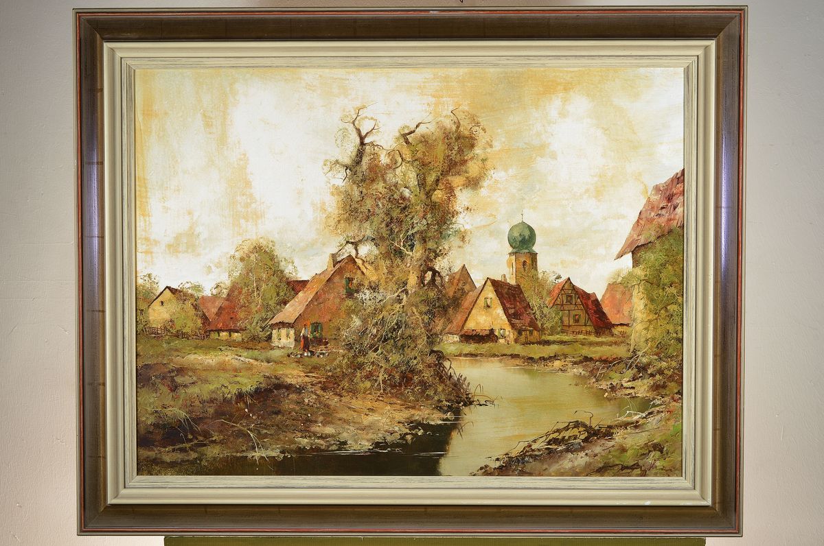 Detail k: Ludwig Klein, geb. 1915, Münchener Maler, Studium an den Akademien Paris und München, hier: Blick auf ein Dorf, Öl/Lwd, rechts unten signiert, ...