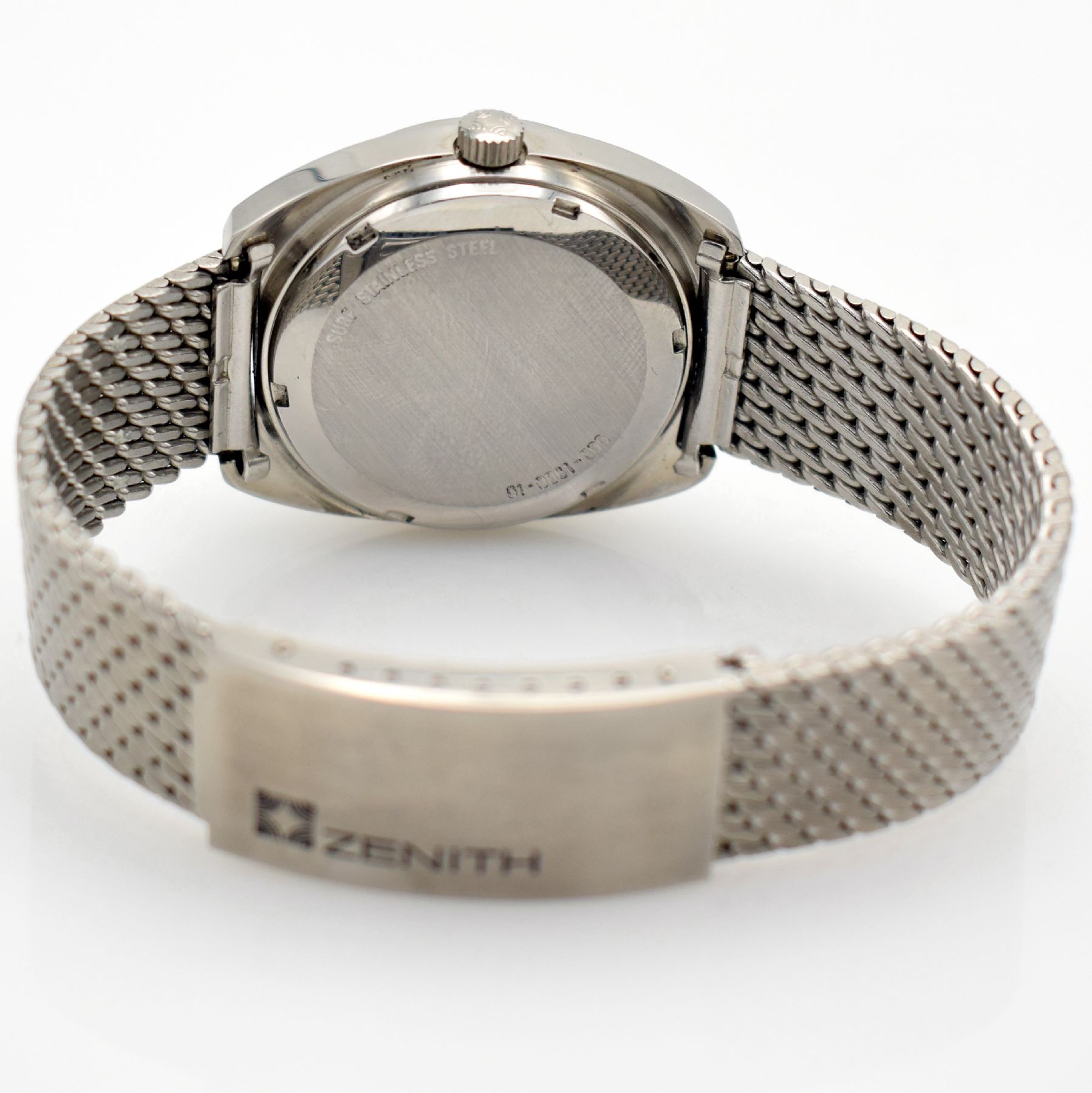 Detail e: ZENITH XL-Tronic Herrenarmbanduhr in Stahl, Schweiz um 1970, Stimmgabel-Werk, verschr. Geh. Ref. 01-0061-500, orig. Stahl- Milanaiseband, blaues ...