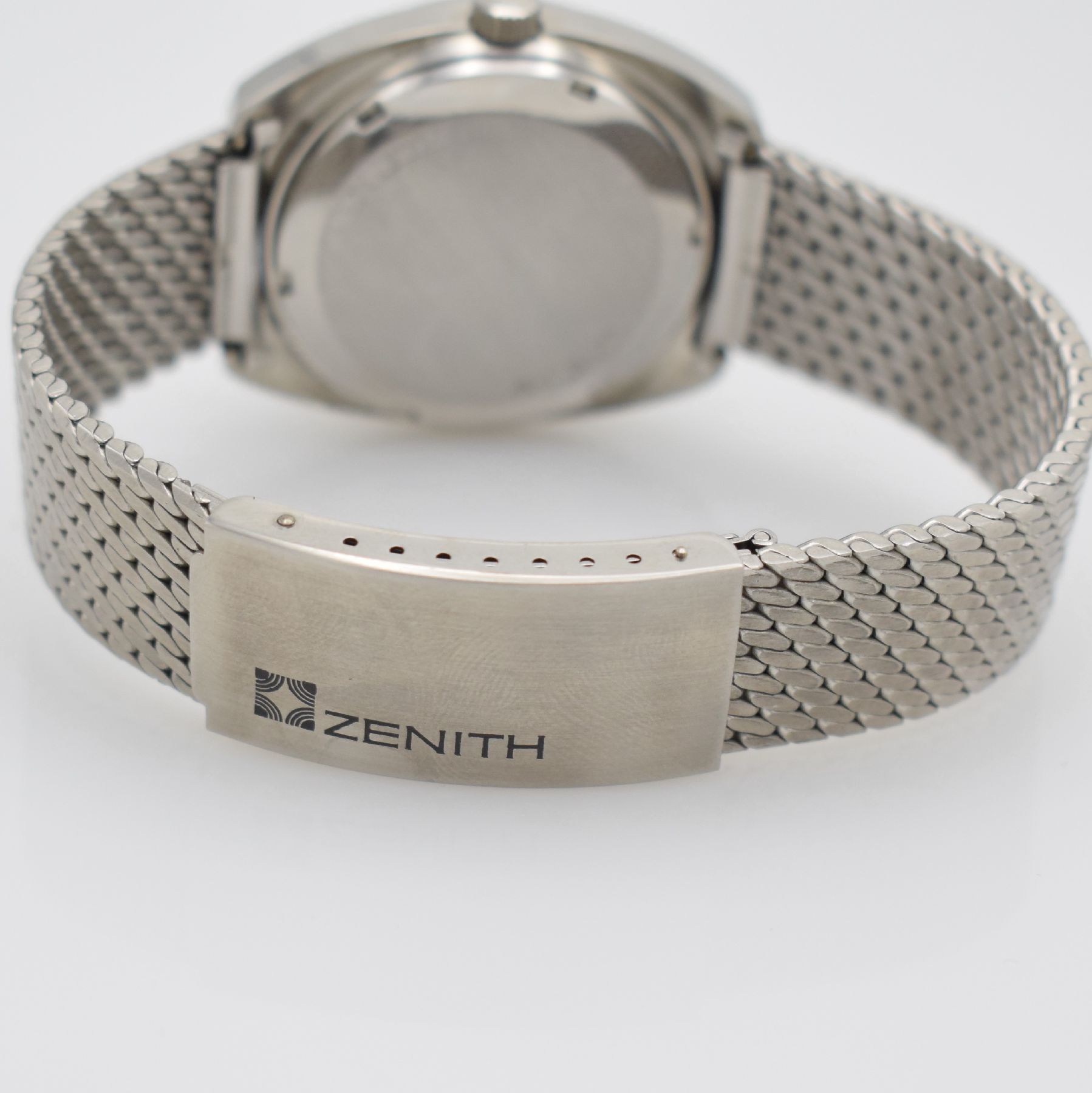 Detail f: ZENITH XL-Tronic Herrenarmbanduhr in Stahl, Schweiz um 1970, Stimmgabel-Werk, verschr. Geh. Ref. 01-0061-500, orig. Stahl- Milanaiseband, blaues ...