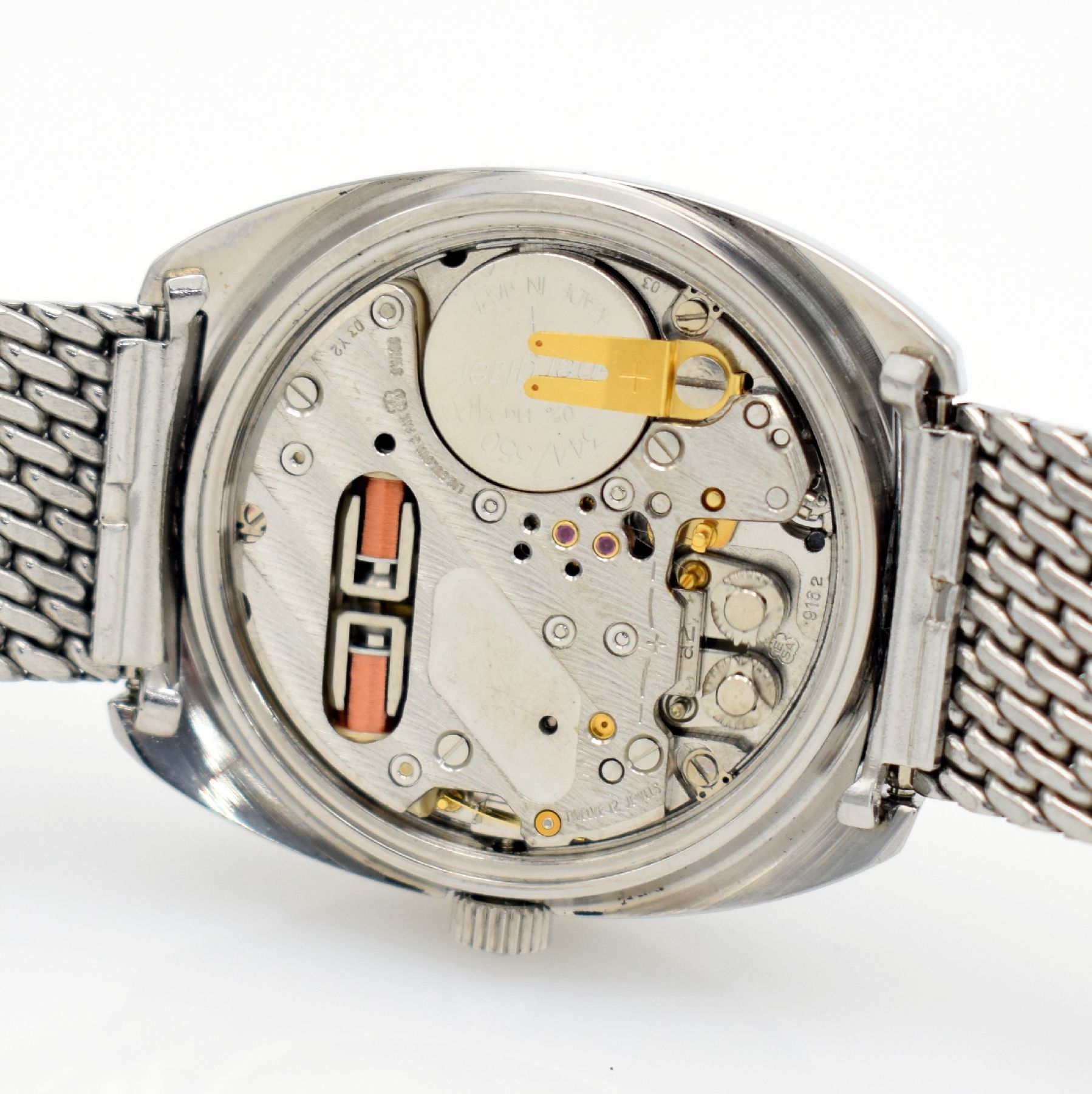 Detail j: ZENITH XL-Tronic Herrenarmbanduhr in Stahl, Schweiz um 1970, Stimmgabel-Werk, verschr. Geh. Ref. 01-0061-500, orig. Stahl- Milanaiseband, blaues ...