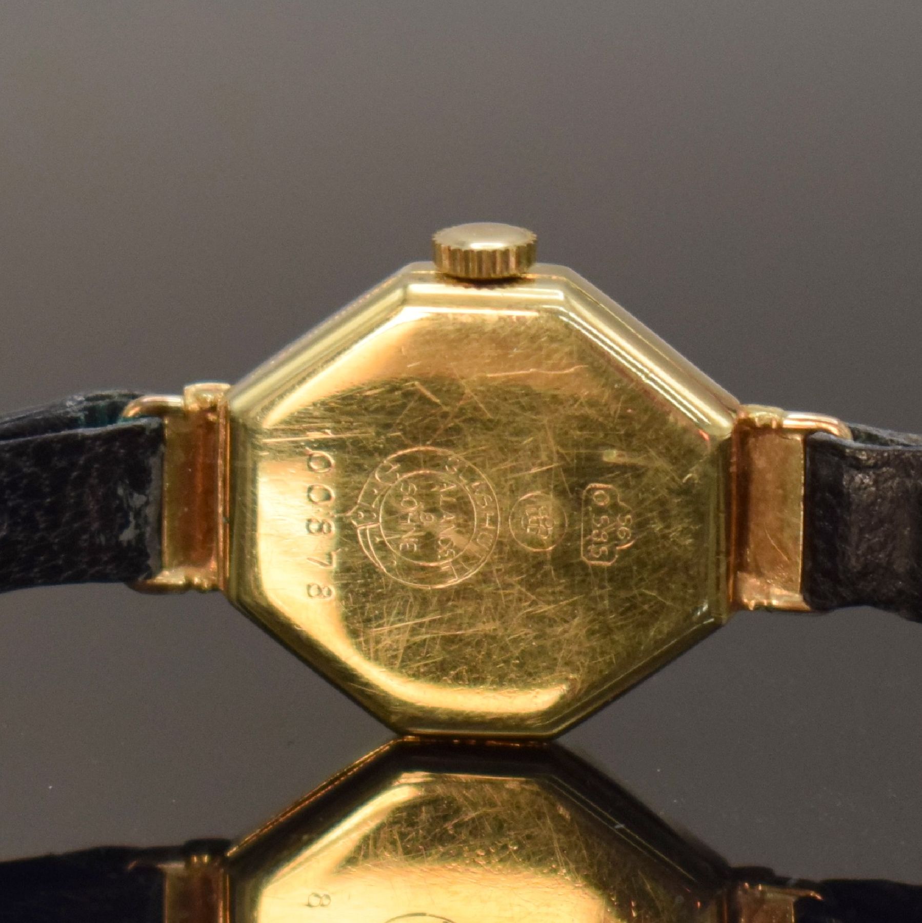 Detail d: LANGE GLASHÜTTE SACHSEN seltene Damenarmbanduhr in GG 585/000, Deutschland um 1940, octagonales Scharniergeh., verg. Zifferbl., gold. Zeiger, ...