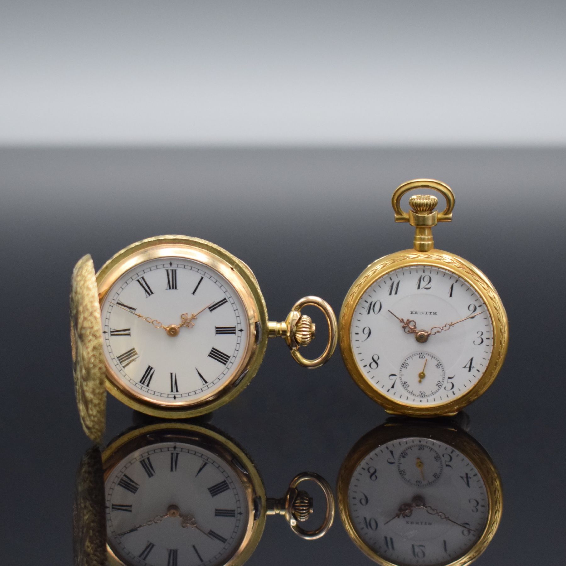 ZENITH / Anonym 2 Damentaschenuhren in Gold,Schweiz um 1910, 1 x Zenith, offenes & floral verziertes Louis-XVI-Geh. in GG 750/000, Emailzifferbl., ...