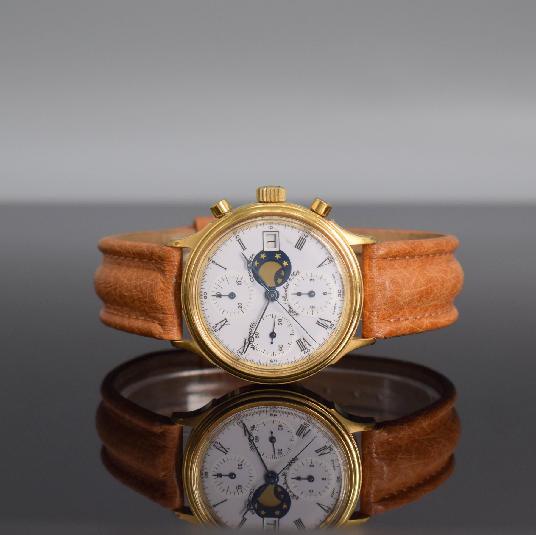CHRONOSWISS / ALFRED ROCHAT & FILS Armbandchronograph, Automatik, Ref. 77.400, Schweiz um 1995, Metallgeh. verg., Edelstahlboden verschr., emailfarb. ...