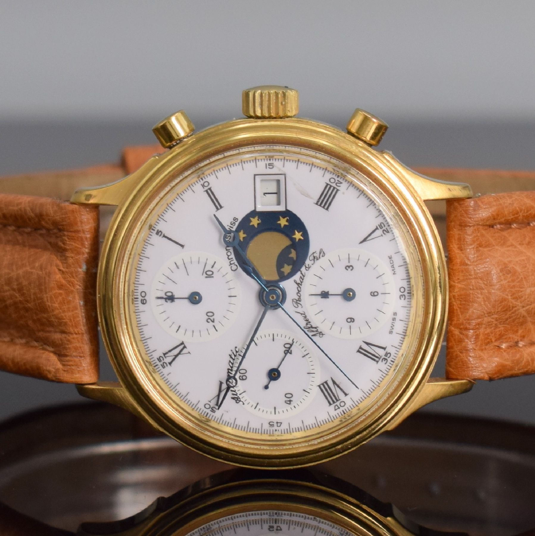 Detail a: CHRONOSWISS / ALFRED ROCHAT & FILS Armbandchronograph, Automatik, Ref. 77.400, Schweiz um 1995, Metallgeh. verg., Edelstahlboden verschr., emailfarb. ...