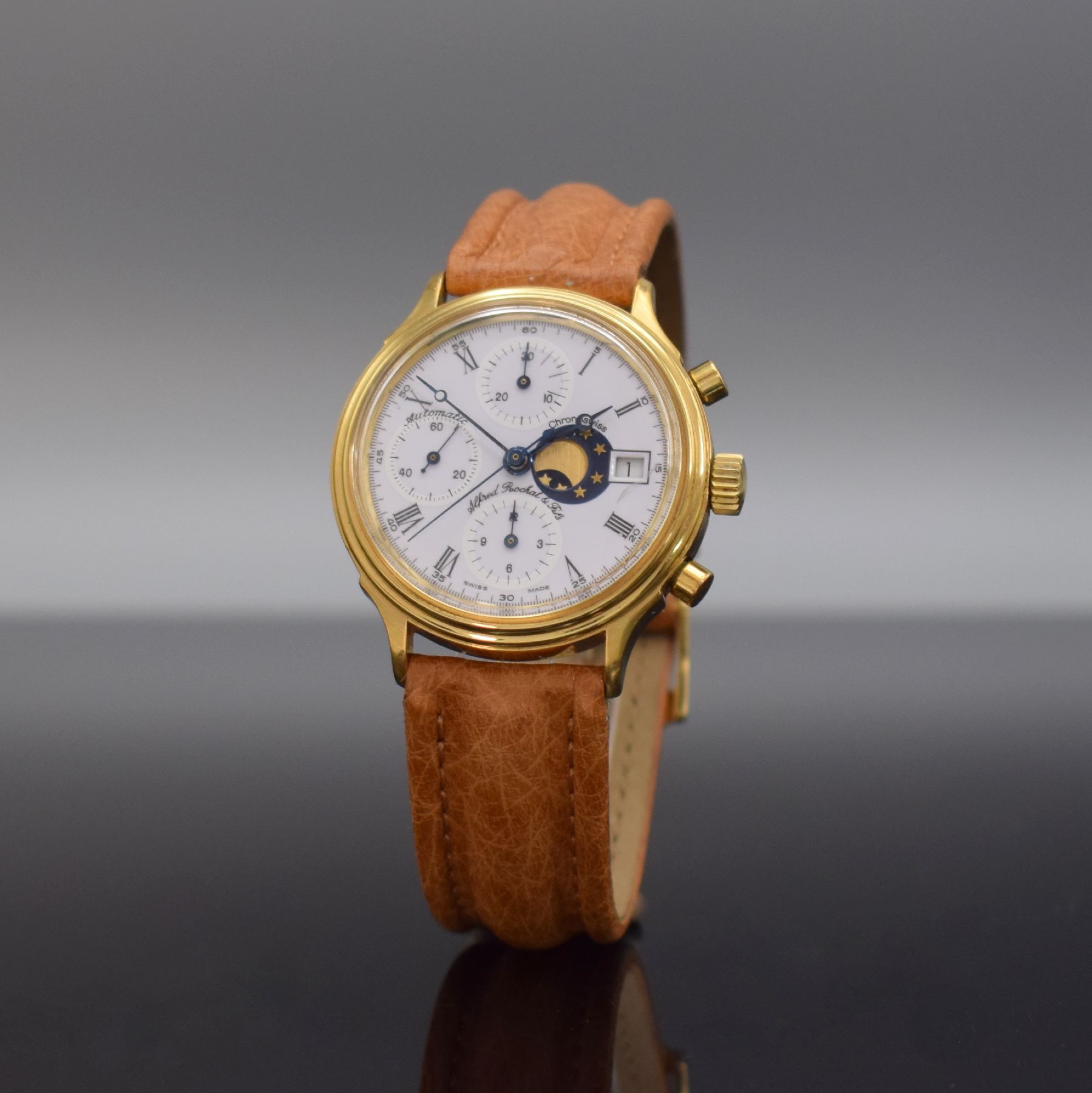 Detail b: CHRONOSWISS / ALFRED ROCHAT & FILS Armbandchronograph, Automatik, Ref. 77.400, Schweiz um 1995, Metallgeh. verg., Edelstahlboden verschr., emailfarb. ...