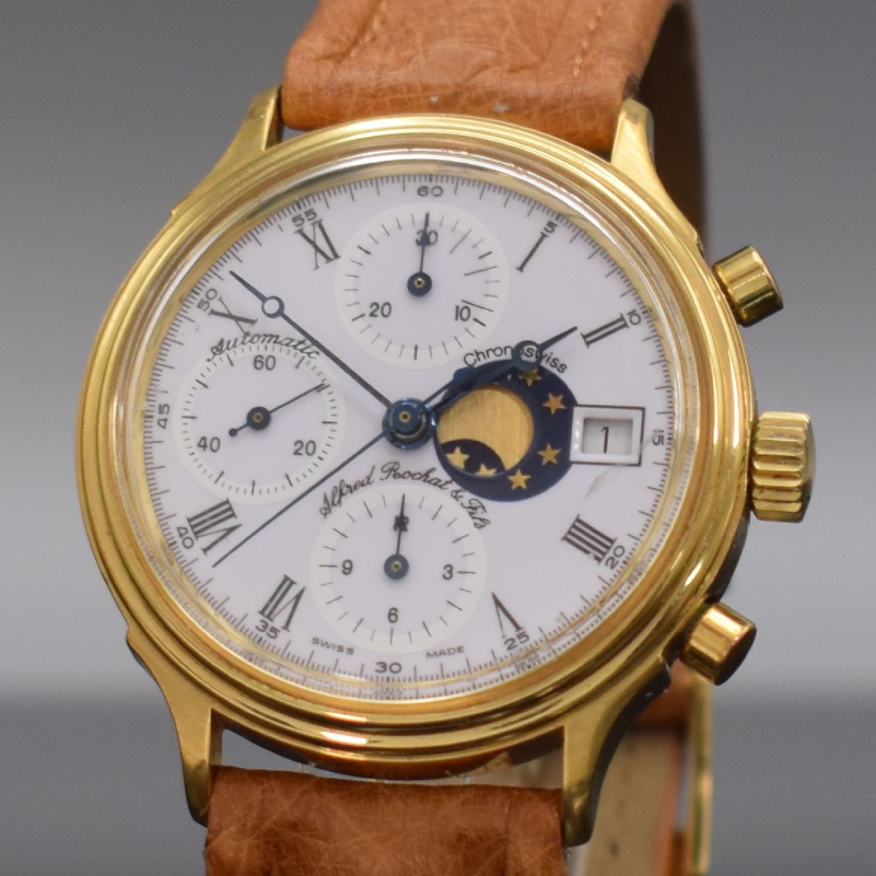 Detail c: CHRONOSWISS / ALFRED ROCHAT & FILS Armbandchronograph, Automatik, Ref. 77.400, Schweiz um 1995, Metallgeh. verg., Edelstahlboden verschr., emailfarb. ...