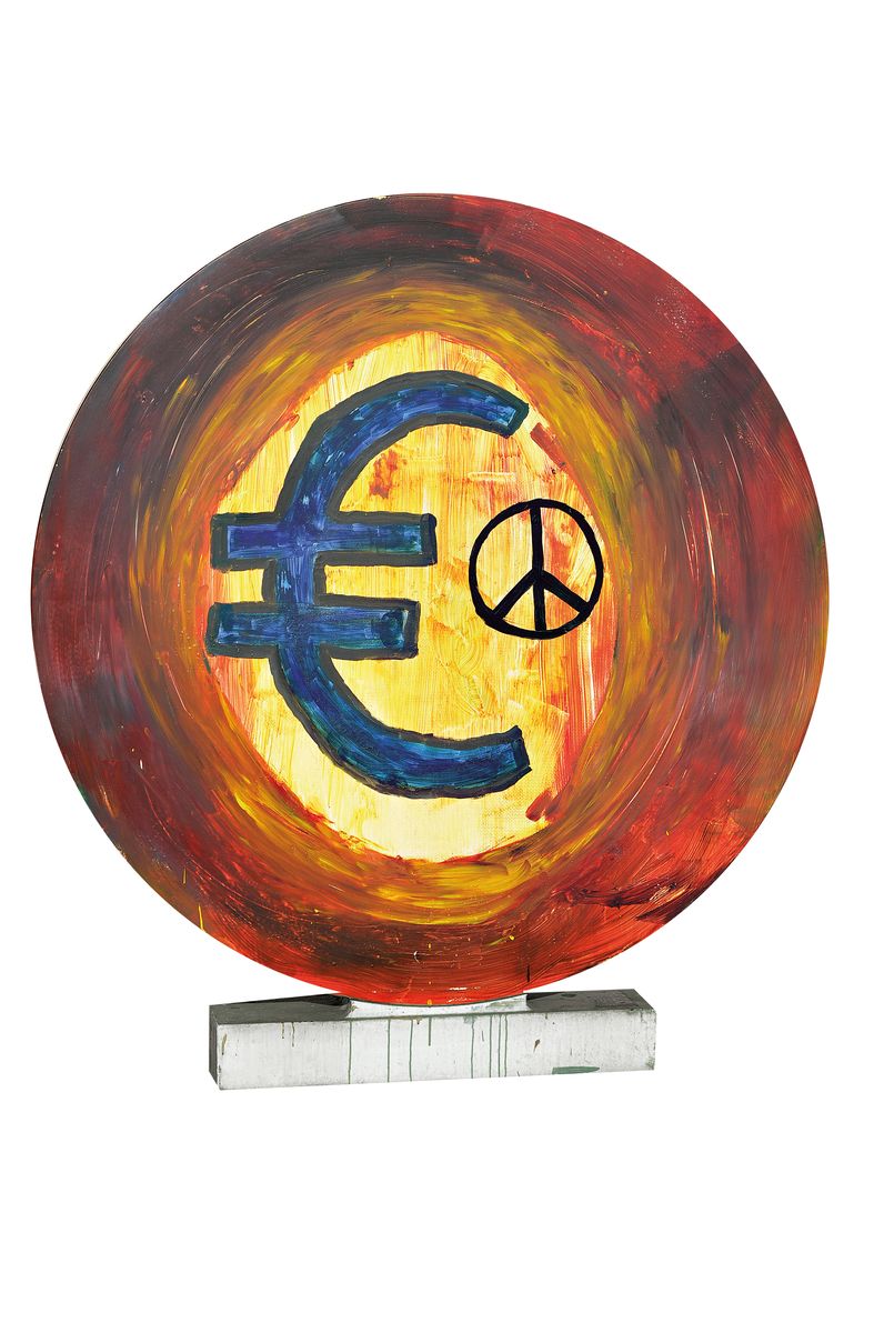 Detail a: Markus Lüpertz, geb. 1941, Die Anbetung des Goldenen Kalbes, Euro-Taler Skulptur, entstanden 2000 zur Einführung des Euro im Projekt Euro und ...