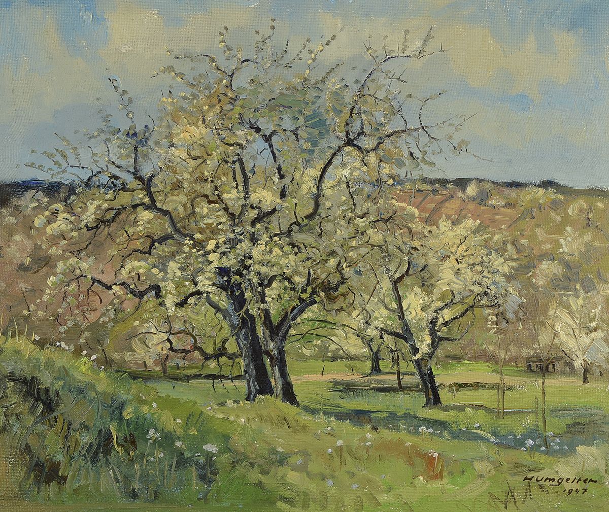 Hermann Umgelter, 1891-1962 Stuttgart, Blühende Bäume auf einer Wiese, Öl/Hartfaser, signiert, ca. 52x62cm, R. ca. 64x74cm