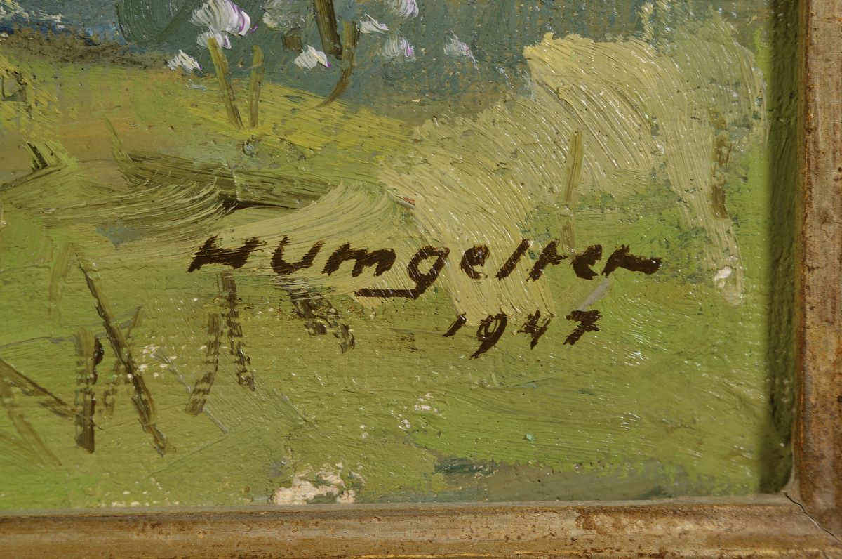 Detail a: Hermann Umgelter, 1891-1962 Stuttgart, Blühende Bäume auf einer Wiese, Öl/Hartfaser, signiert, ca. 52x62cm, R. ca. 64x74cm