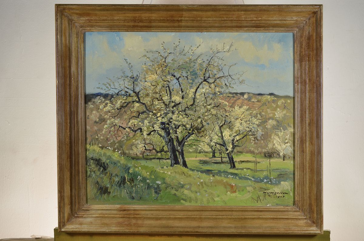 Detail k: Hermann Umgelter, 1891-1962 Stuttgart, Blühende Bäume auf einer Wiese, Öl/Hartfaser, signiert, ca. 52x62cm, R. ca. 64x74cm