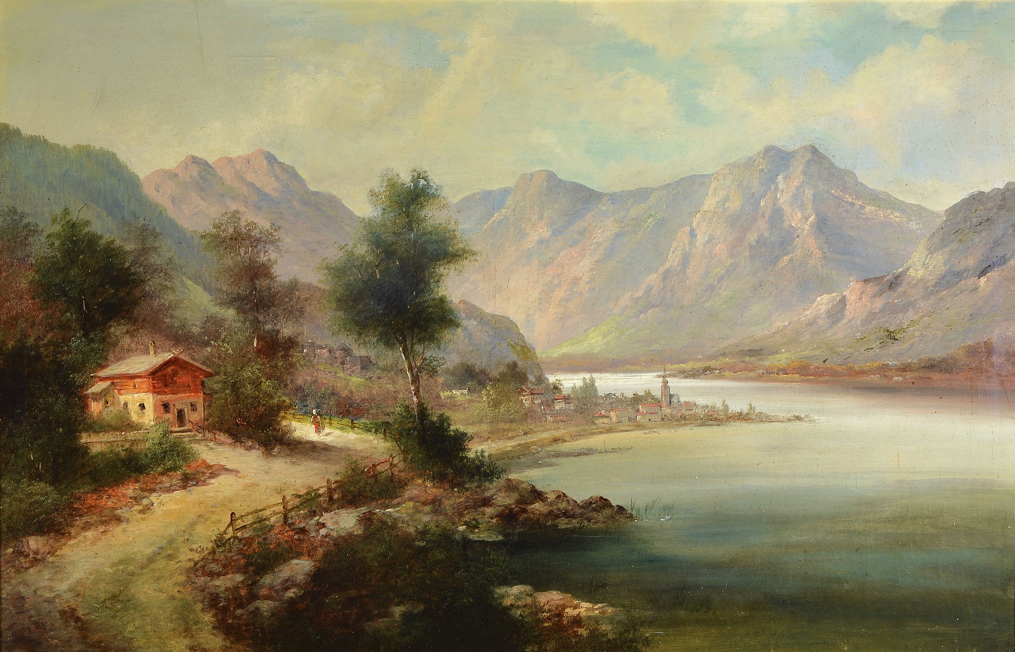 Unbekannter Romantiker, 2. Hälfte 19. Jh., Gebirgslandschaft mit Blick auf ein Dorf am Seeufer, Öl/Lwd, feine detaillierte Malerei, ca. 70x105cm, ...