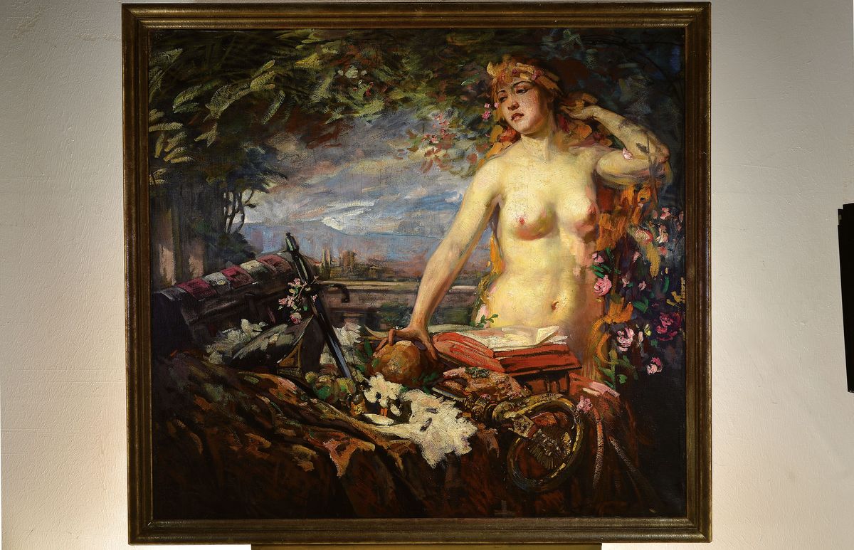 Detail k: Burkhard Mangold, 1873 Basel-1950, Weiblicher Halbakt mit Stillleben auf einem Balkon, im Hintergrund eine Stadt, Öl/Lwd, rest., rechts unten ...