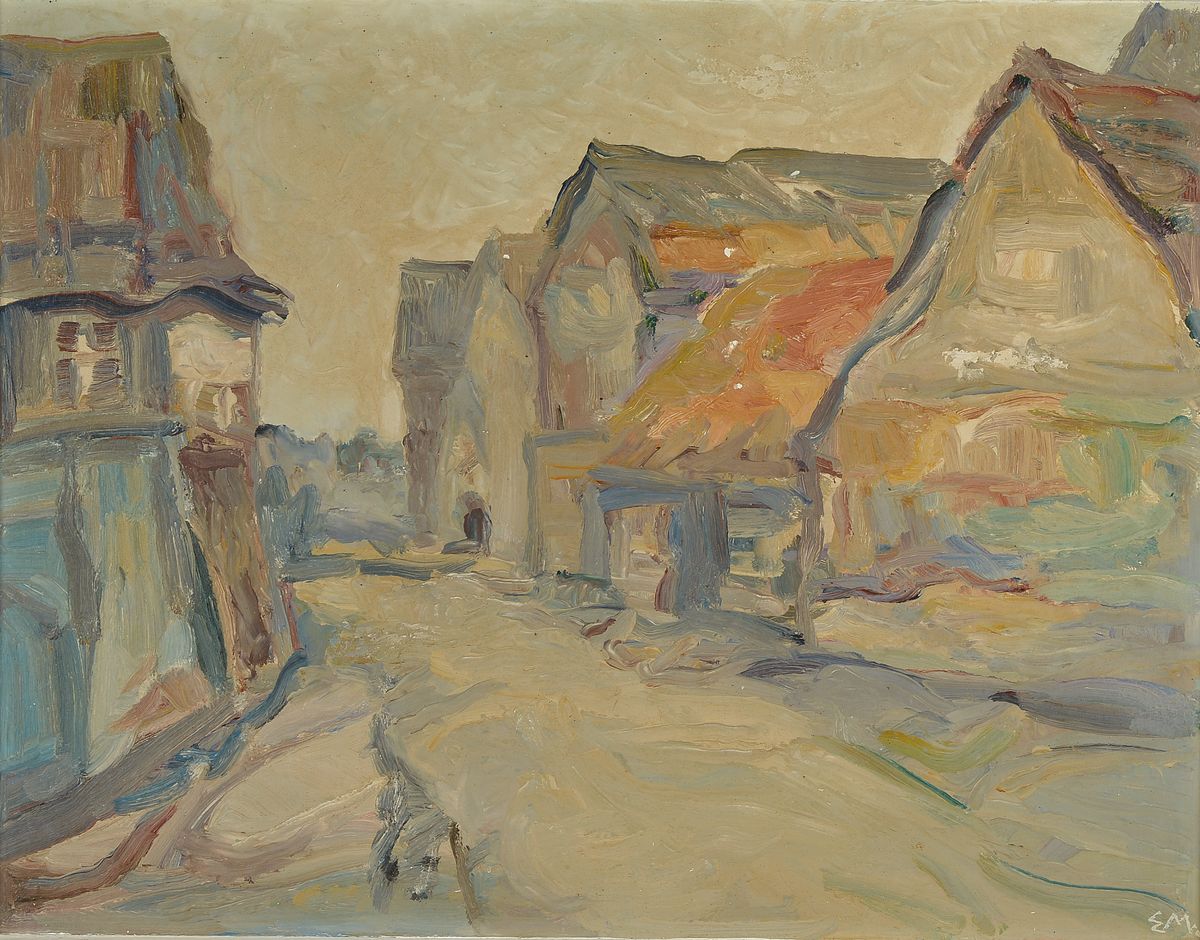 Erich Mutze, 1901-1980, Dorfansicht, Öl/Spanplatte, rechts unten monogrammiert EM, ca. 49x64cm, R. ca. 60x74cm