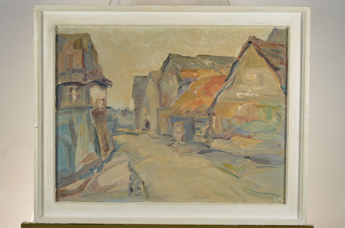 Detail k: Erich Mutze, 1901-1980, Dorfansicht, Öl/Spanplatte, rechts unten monogrammiert EM, ca. 49x64cm, R. ca. 60x74cm