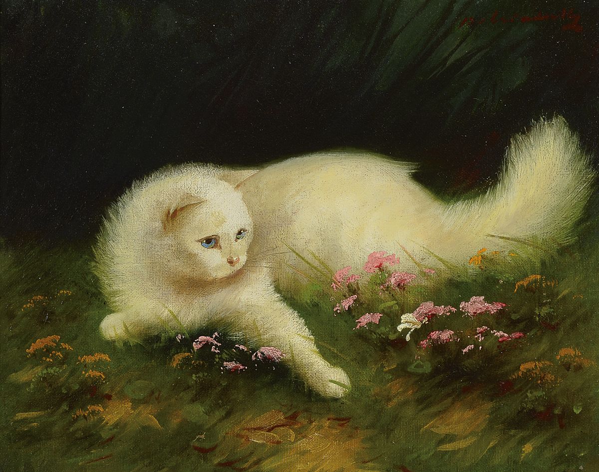Unbekannter, wohl ungarischer Maler, 1. Hälfte 20. Jh., Weisse Katze im Gras, Öl/Lwd, rechts oben unleserlich signiert, ca. 40x50cm, R. ca. 60x70cm