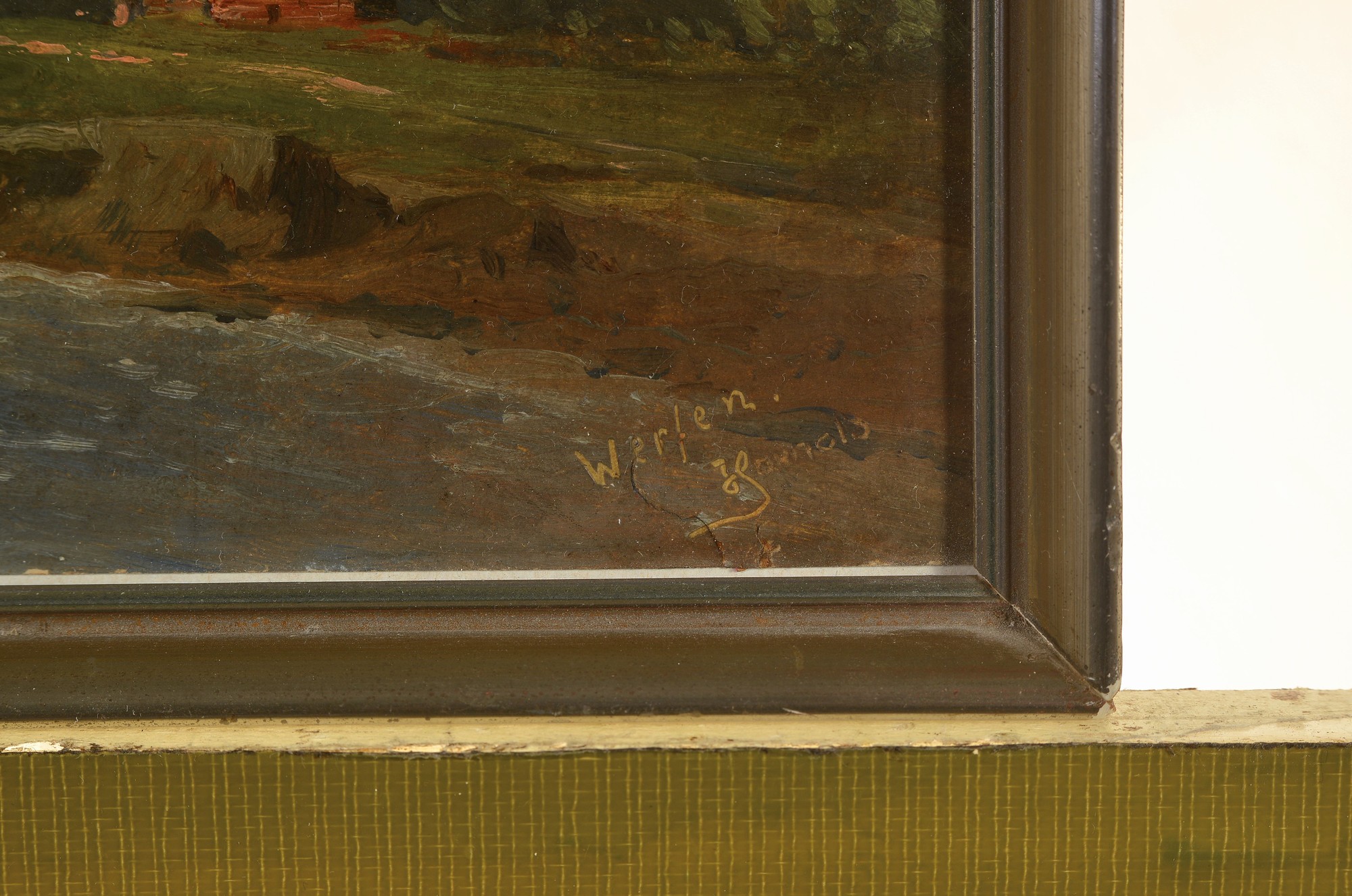 Detail a: Franz Carl Emanuel Haunold, 1832 Wien-1911, Partie bei Werfen an der Salzach mit Blick auf die Bischofshofener Berge, Öl/Papier, rissig, rechts ...