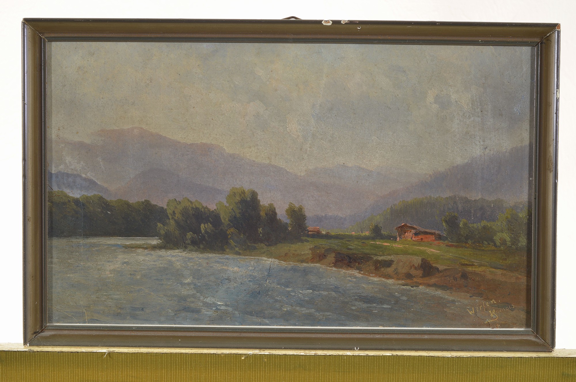 Detail k: Franz Carl Emanuel Haunold, 1832 Wien-1911, Partie bei Werfen an der Salzach mit Blick auf die Bischofshofener Berge, Öl/Papier, rissig, rechts ...