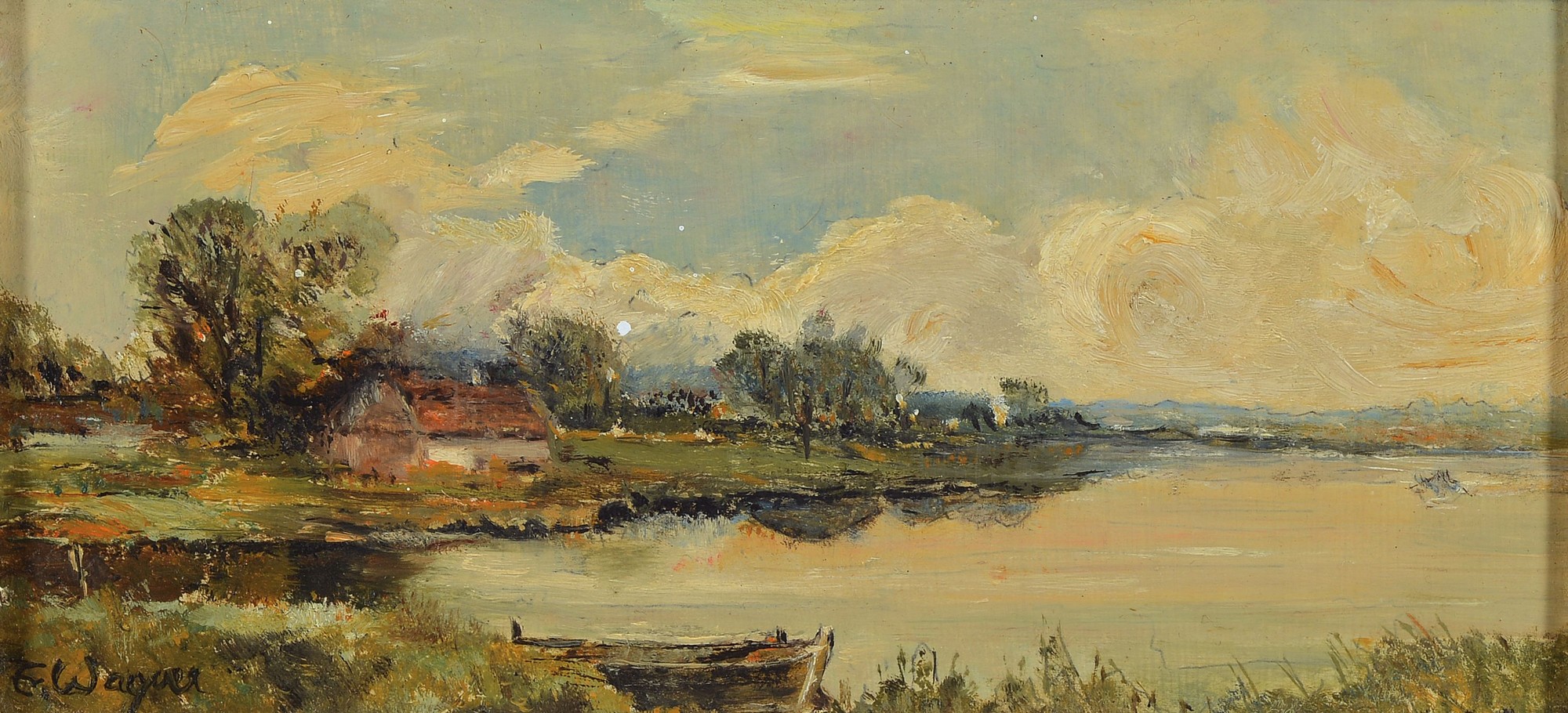 Fr. Wagner, zeitgenössischer Maler, Chiemseelandschaft, Öl/Hartfaser, links unten signiert, ca. 11x22cm, R. ca. 20x31cm