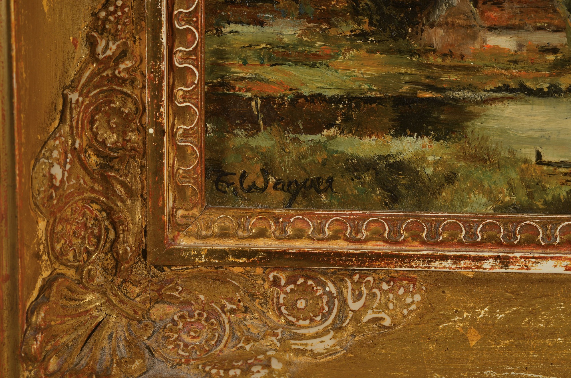 Detail a: Fr. Wagner, zeitgenössischer Maler, Chiemseelandschaft, Öl/Hartfaser, links unten signiert, ca. 11x22cm, R. ca. 20x31cm