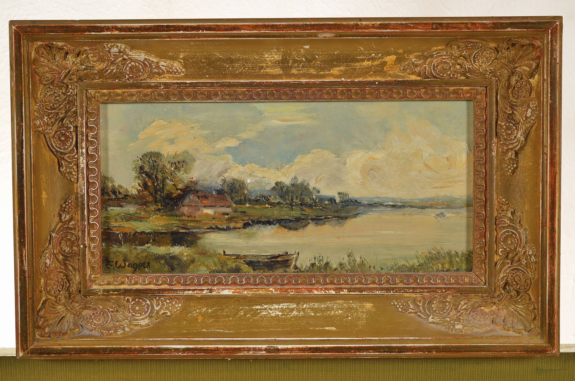 Detail k: Fr. Wagner, zeitgenössischer Maler, Chiemseelandschaft, Öl/Hartfaser, links unten signiert, ca. 11x22cm, R. ca. 20x31cm