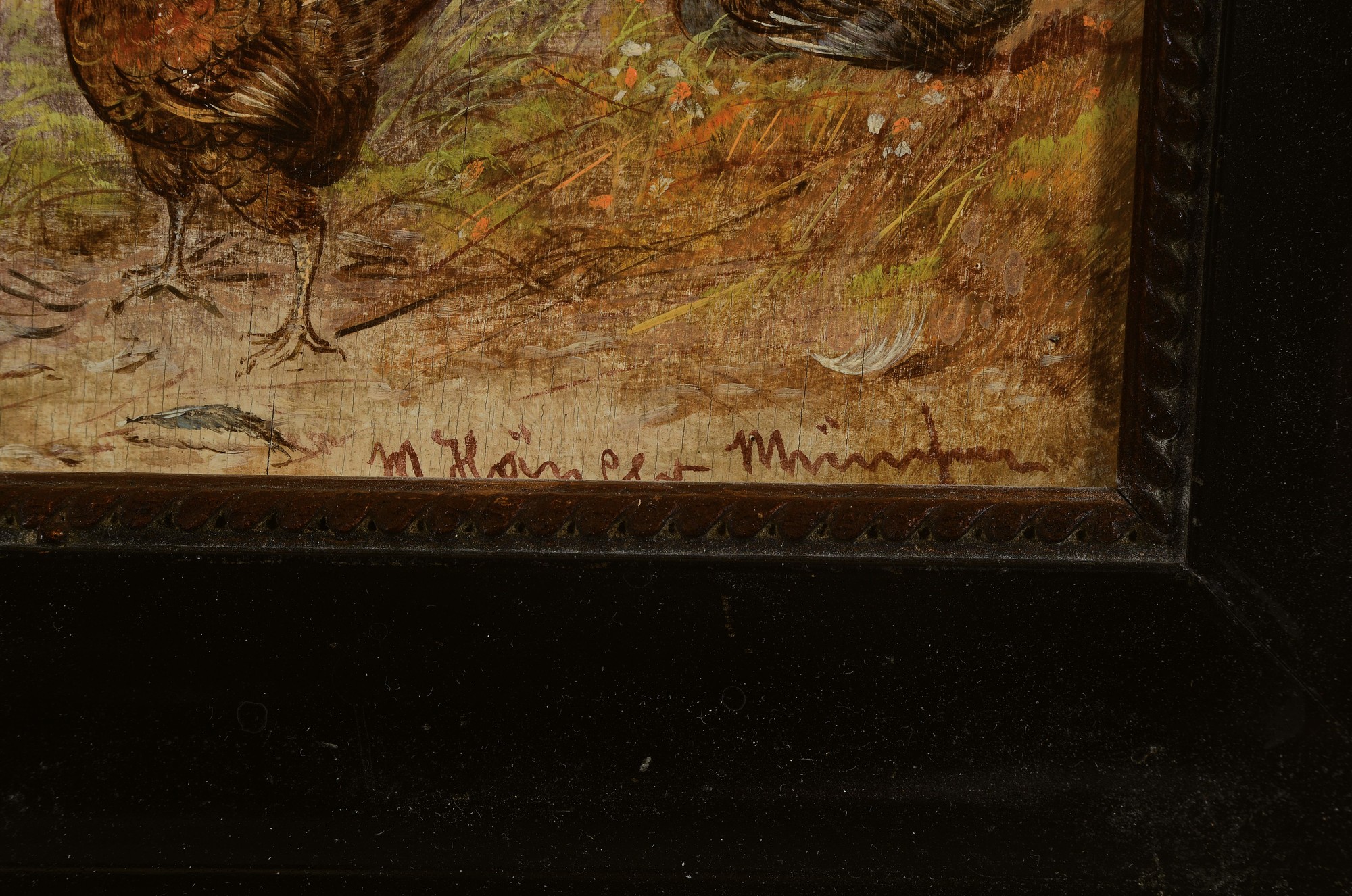 Detail a: Max Hänger, 1898-1961 München, Hühner, im Hintergrund See und Dorf, Öl/Holz, rechts unten signiert, spannungsrißig, ca. 18x24cm, R. ca. 28x34cm, ...