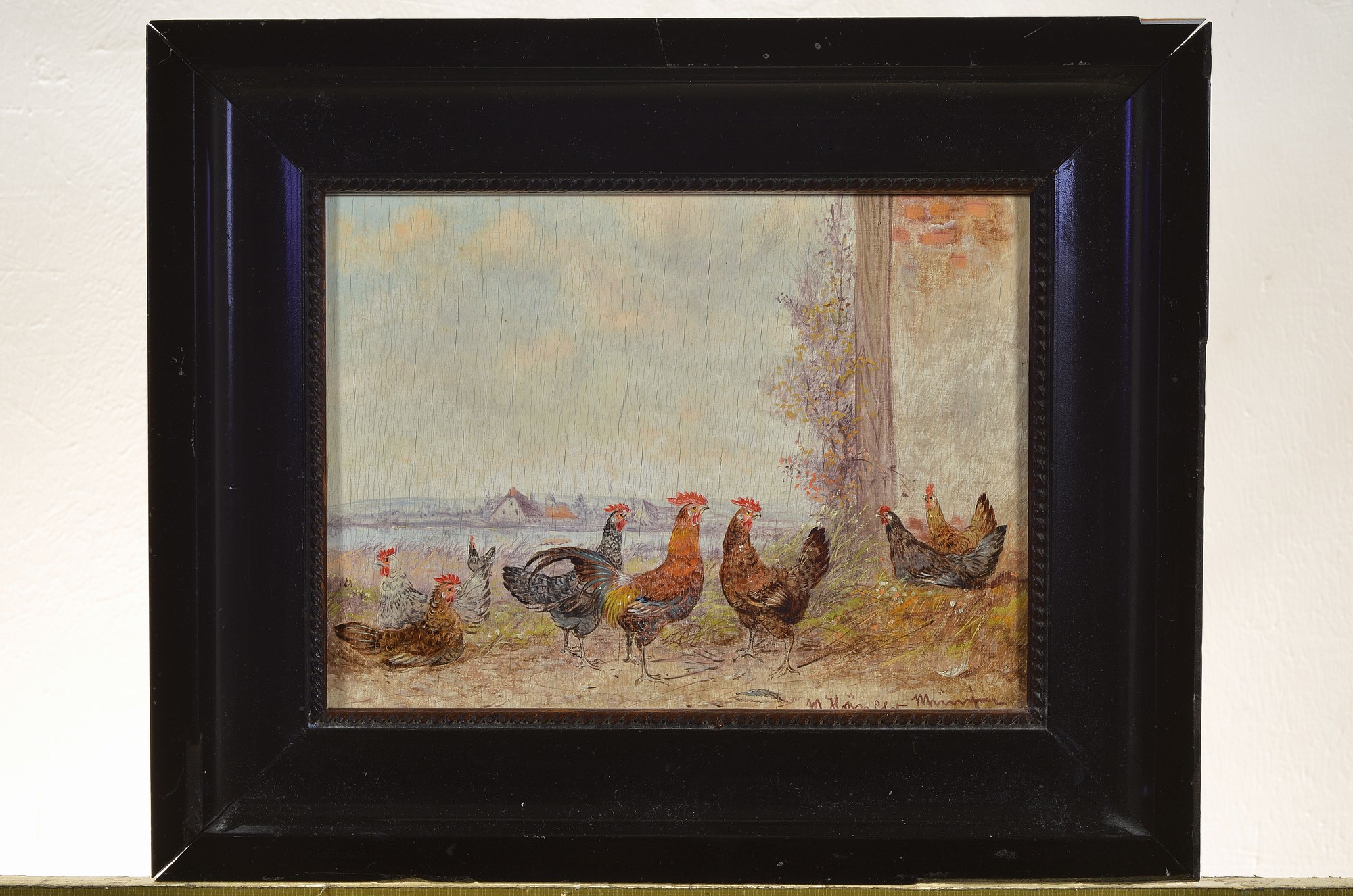 Detail k: Max Hänger, 1898-1961 München, Hühner, im Hintergrund See und Dorf, Öl/Holz, rechts unten signiert, spannungsrißig, ca. 18x24cm, R. ca. 28x34cm, ...