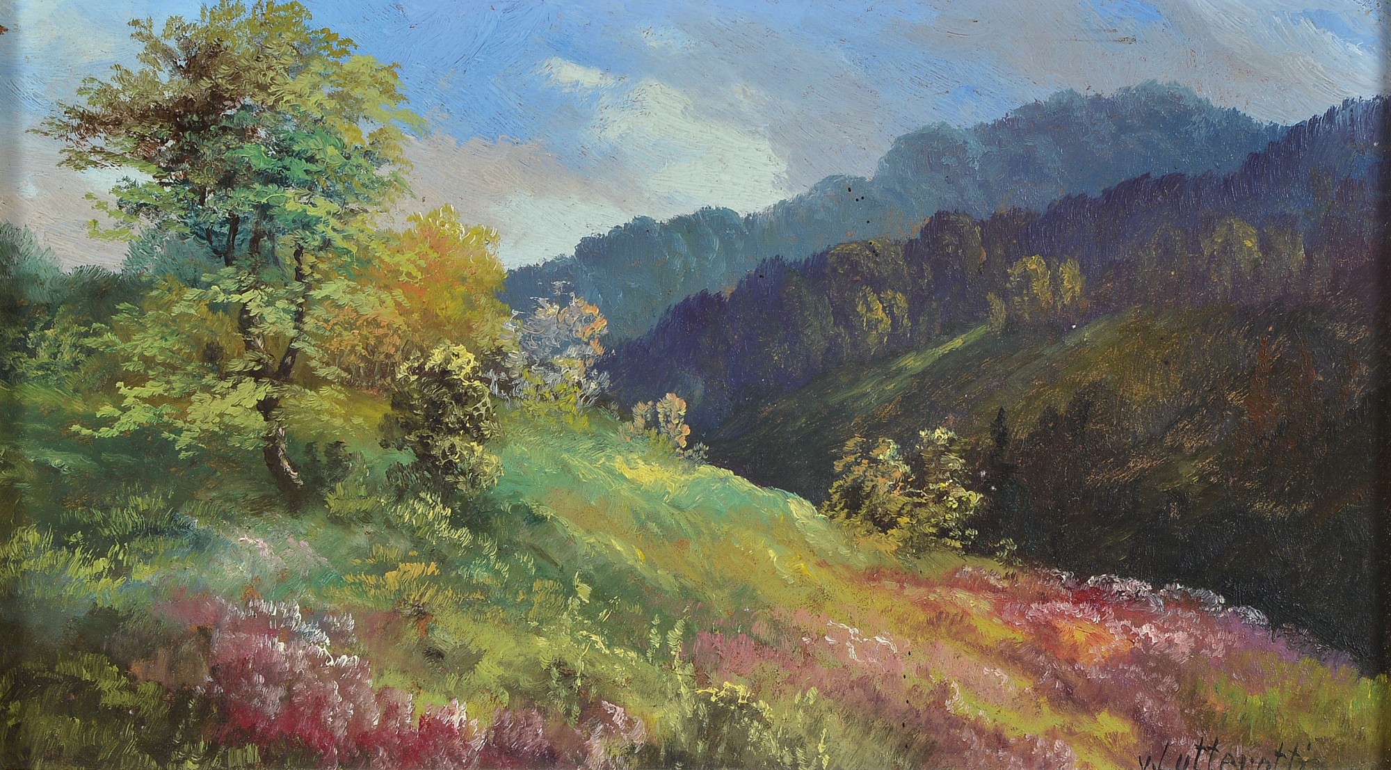Karl von Lutterotti, 1793 Bozen-1872 Imst, Hügelige Landschaft Öl/Malkarton, rechts unten signiert, ca. 19x32cm, R. ca. 28x42cm