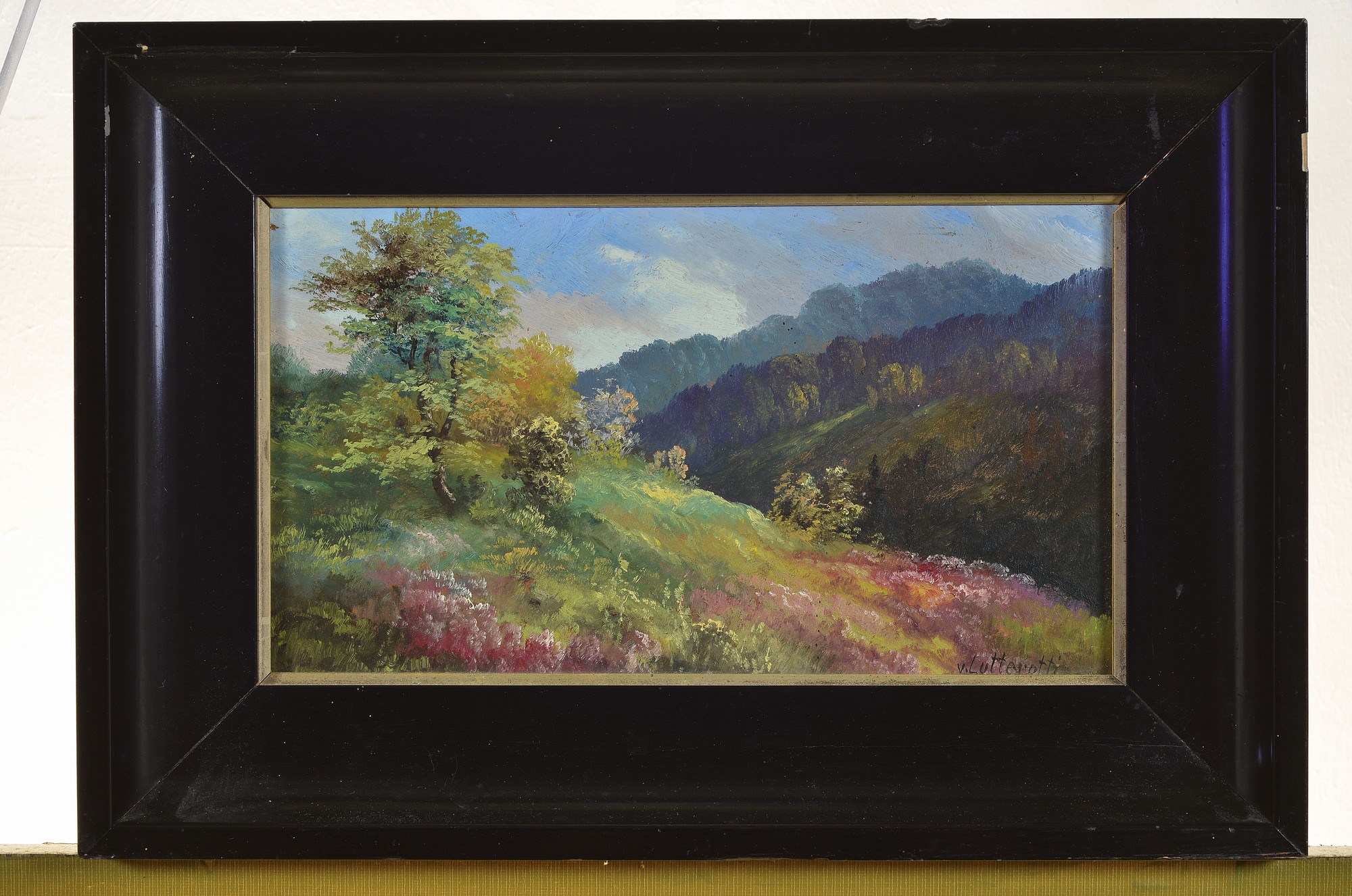 Detail k: Karl von Lutterotti, 1793 Bozen-1872 Imst, Hügelige Landschaft Öl/Malkarton, rechts unten signiert, ca. 19x32cm, R. ca. 28x42cm