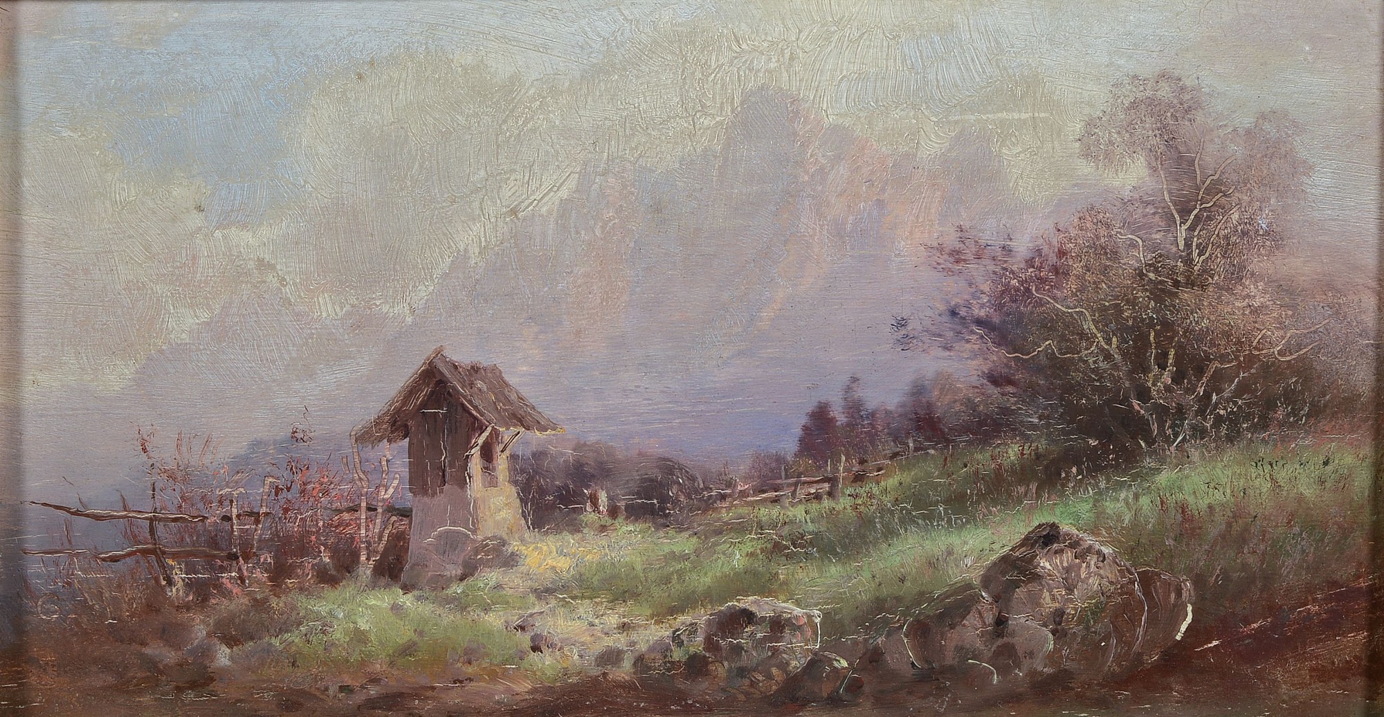 Zuschreibung: Gustav Eichhorn, 1857 Bad Aibling-1926 Wasserburg/Inn, Landschaft im Gebirge mit kleiner Hütte, Öl/Holz, links unten monogrammiert G, ...