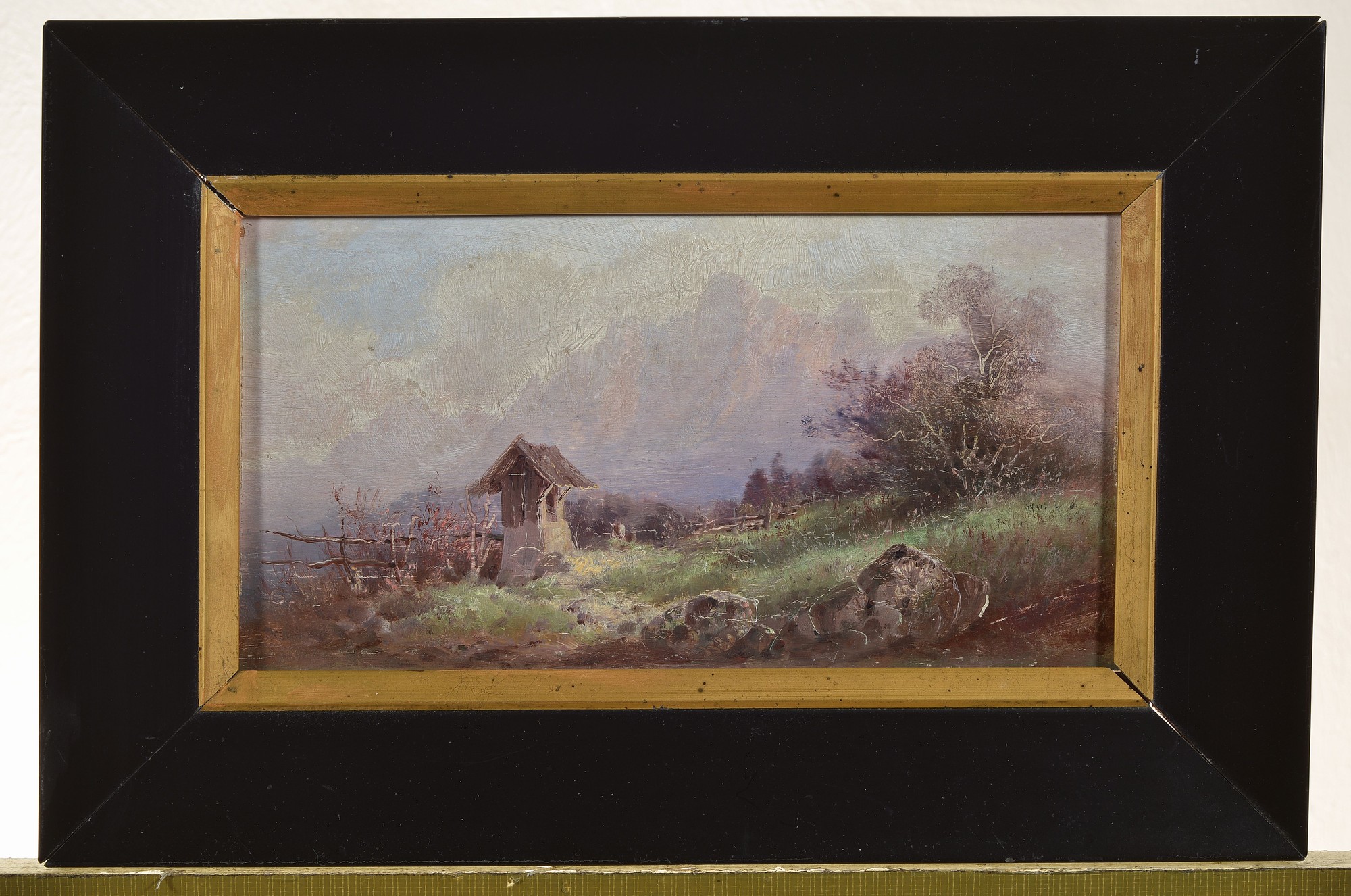 Detail k: Zuschreibung: Gustav Eichhorn, 1857 Bad Aibling-1926 Wasserburg/Inn, Landschaft im Gebirge mit kleiner Hütte, Öl/Holz, links unten monogrammiert G, ...