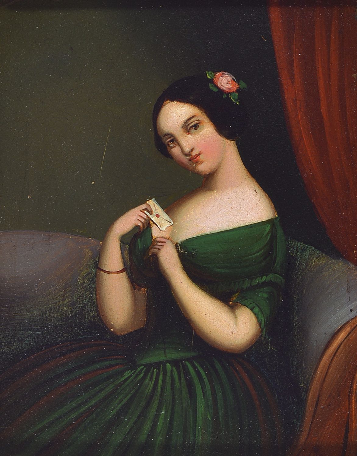 Unbekannter Künstler des Biedermeier, deutsch, um 1830-40, Porträt einer jungen Frau im grünen Kleid mit einem Brief in Händen, Öl/ Metall, ca. ...