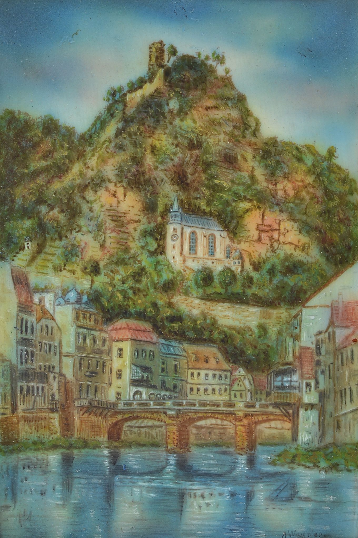 A. Wagner, Miniaturmalerei, um 1900, Felsenkirche von Idar-Oberstein, Gouache auf Elfenbein, rechts unten signiert, ca. 11.5x8cm, u.Gl., Rahmen aus ...
