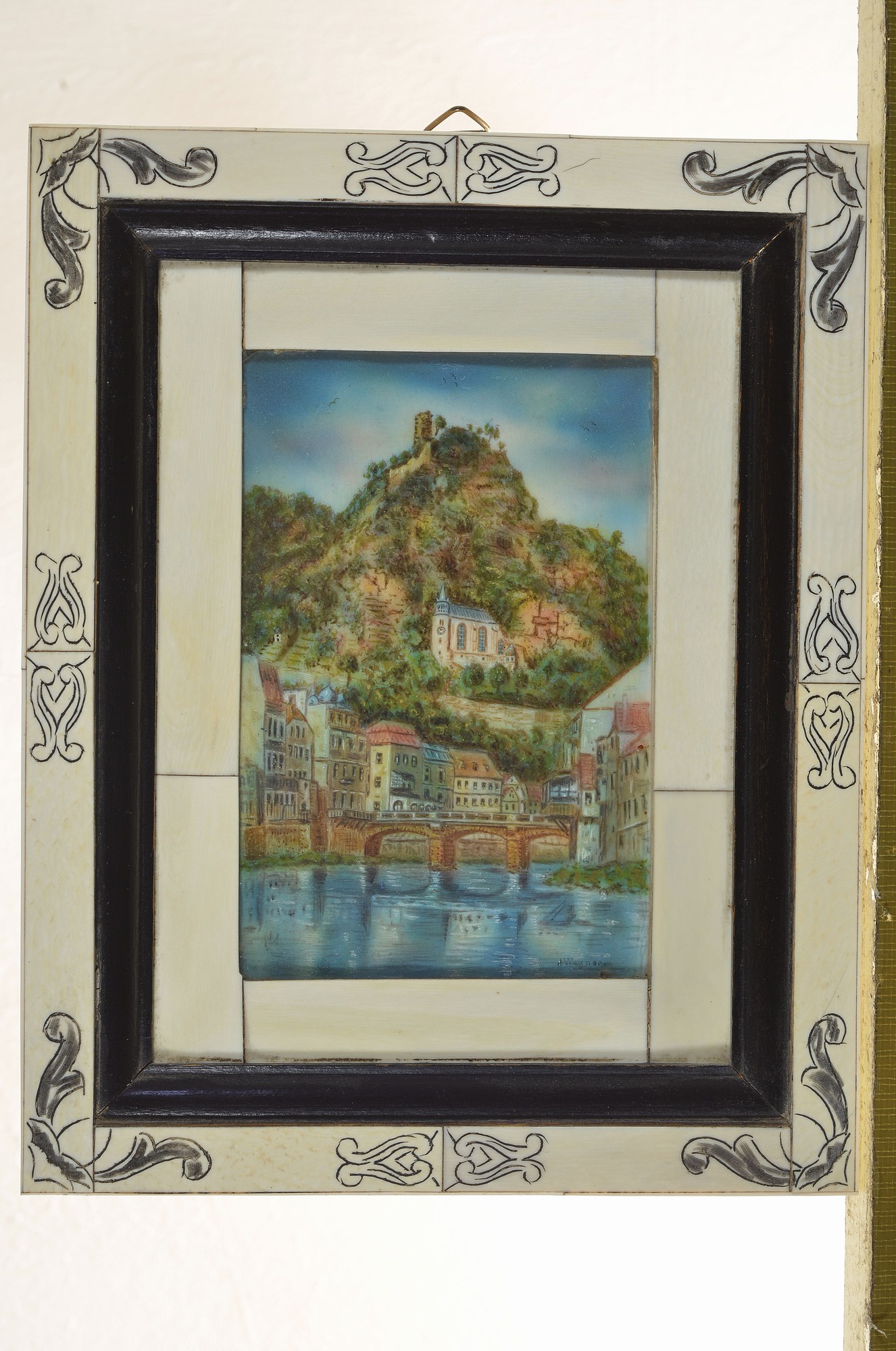 Detail k: A. Wagner, Miniaturmalerei, um 1900, Felsenkirche von Idar-Oberstein, Gouache auf Elfenbein, rechts unten signiert, ca. 11.5x8cm, u.Gl., Rahmen aus ...